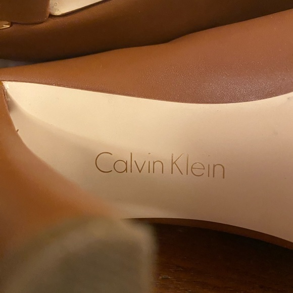 Calvin Klein Allie Cow Kansas Cigar Brown Heeled Peep Toe Mule 6.5. EUC in Box - Picture 13 of 15